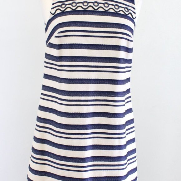 J. Crew Navy Blue Striped Scalloped Trim Grommet Shift Dress Size 00 - Picture 2 of 16